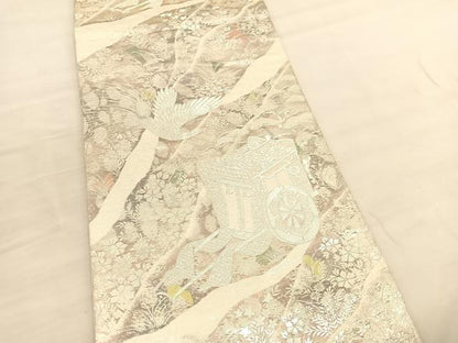 平和屋着物◎六通柄袋帯 御所車花鳥文 銀糸 正絹 逸品 BAAV1846hv