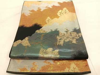 平和屋着物◎六通柄袋帯　遠山文　黒地　金銀糸　正絹　逸品　BAAV1847hv