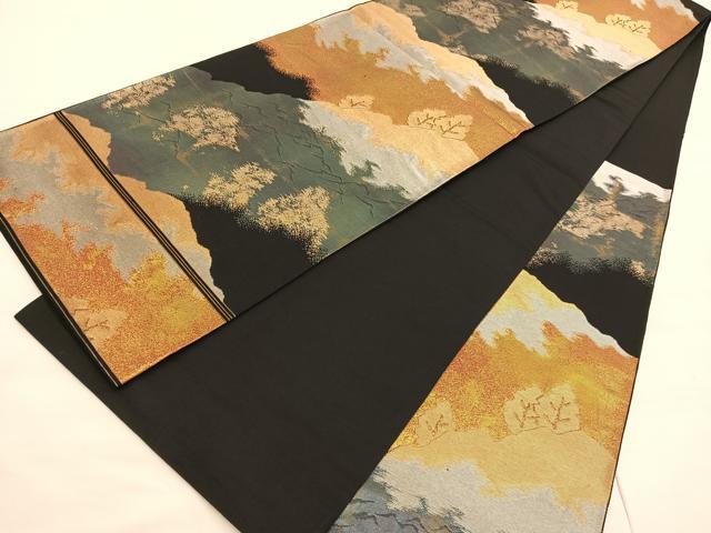 平和屋着物◎六通柄袋帯　遠山文　黒地　金銀糸　正絹　逸品　BAAV1847hv