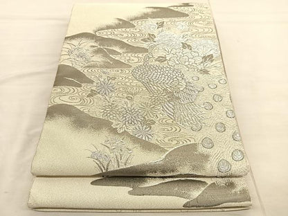 平和屋着物◎太鼓柄袋帯 綴れ 孔雀流水花文 プラチナ箔 正絹 逸品 未使用 BAAV1854hv