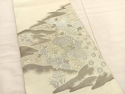 平和屋着物◎太鼓柄袋帯 綴れ 孔雀流水花文 プラチナ箔 正絹 逸品 未使用 BAAV1854hv