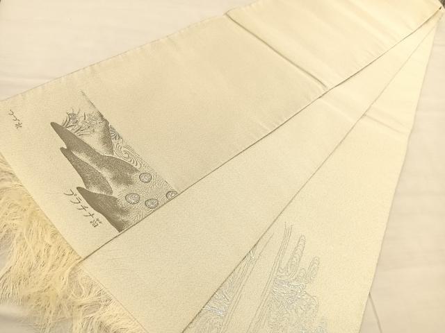 平和屋着物◎太鼓柄袋帯 綴れ 孔雀流水花文 プラチナ箔 正絹 逸品 未使用 BAAV1854hv