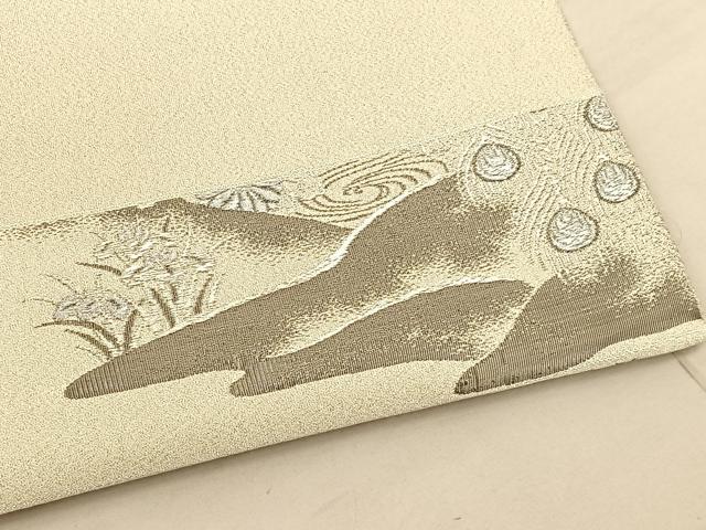 平和屋着物◎太鼓柄袋帯 綴れ 孔雀流水花文 プラチナ箔 正絹 逸品 未使用 BAAV1854hv