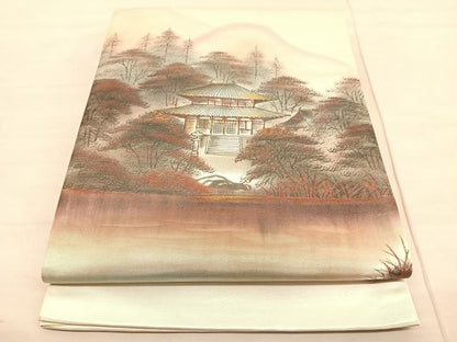 平和屋着物◎太鼓柄袋帯 手描き 風景文 金糸 引箔 正絹 逸品 未使用 BAAV1866hv