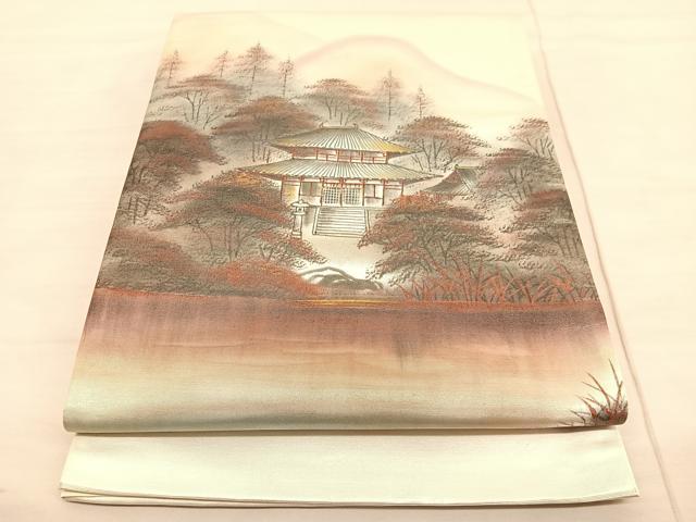 平和屋着物◎太鼓柄袋帯 手描き 風景文 金糸 引箔 正絹 逸品 未使用 BAAV1866hv