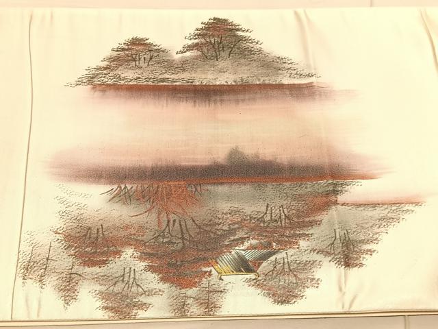 平和屋着物◎太鼓柄袋帯 手描き 風景文 金糸 引箔 正絹 逸品 未使用 BAAV1866hv