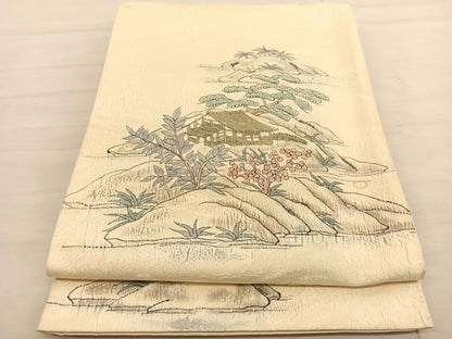 平和屋着物◎太鼓柄袋帯　手描き　ふくれ織　風景文　正絹　逸品　BAAV1871hv