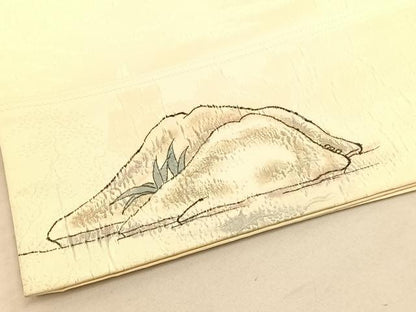 平和屋着物◎太鼓柄袋帯　手描き　ふくれ織　風景文　正絹　逸品　BAAV1871hv