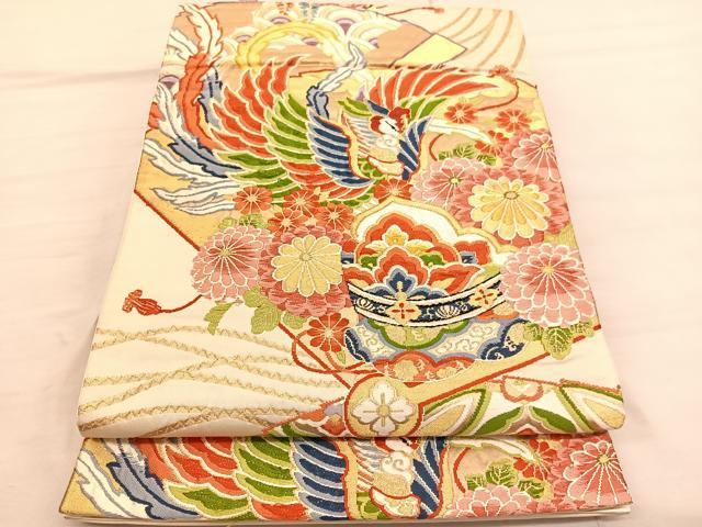 平和屋着物◎六通柄袋帯 唐織 桧扇 鳳凰花文 金糸 正絹 逸品 BAAV1882hv