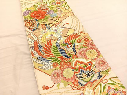平和屋着物◎六通柄袋帯 唐織 桧扇 鳳凰花文 金糸 正絹 逸品 BAAV1882hv