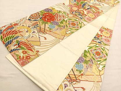 平和屋着物◎六通柄袋帯 唐織 桧扇 鳳凰花文 金糸 正絹 逸品 BAAV1882hv