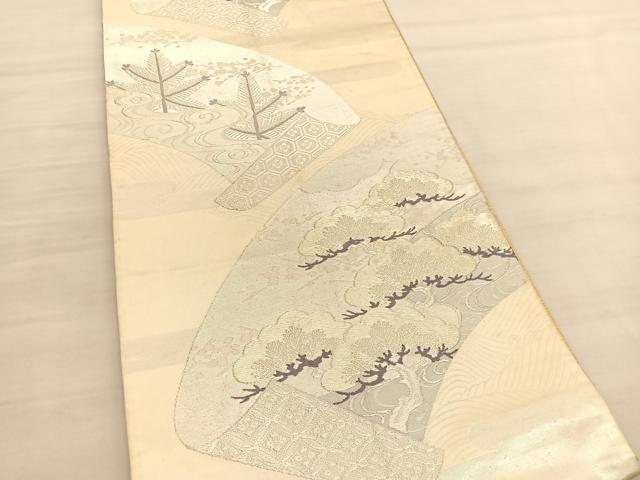 平和屋着物◎六通柄袋帯　唐織　蒔絵松文　銀糸　正絹　逸品　BAAV1892hv
