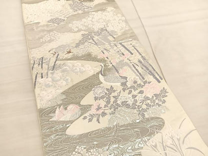 平和屋着物◎六通柄袋帯 唐織 鶴鴛鴦花文 九百錦 プラチナ箔 正絹 逸品 BAAV1893hv