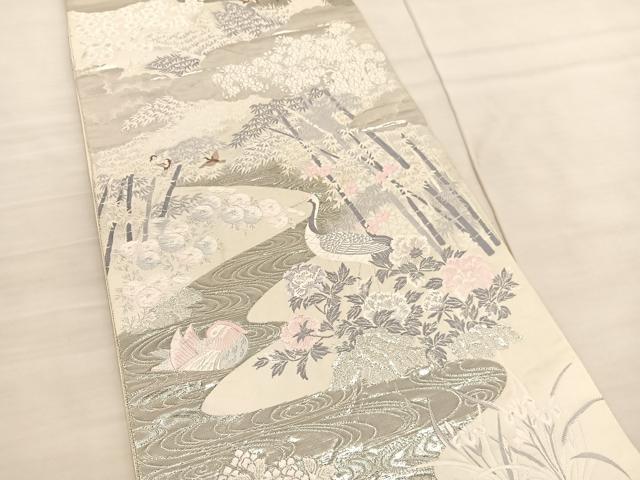 平和屋着物◎六通柄袋帯 唐織 鶴鴛鴦花文 九百錦 プラチナ箔 正絹 逸品 BAAV1893hv