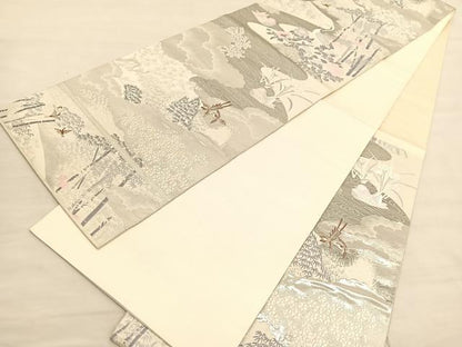 平和屋着物◎六通柄袋帯 唐織 鶴鴛鴦花文 九百錦 プラチナ箔 正絹 逸品 BAAV1893hv