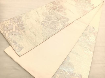 平和屋着物◎六通柄袋帯　唐織　色紙重ね亀甲花文　銀糸　正絹　逸品　BAAV1899hv