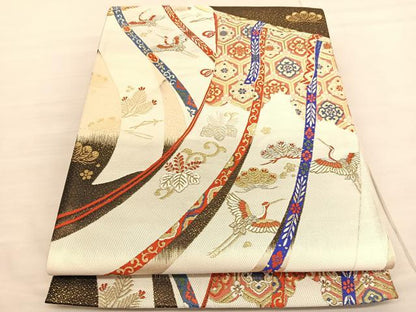 平和屋着物◎六通柄袋帯 唐織 几帳飛鶴有職花文 金銀糸 正絹 逸品 BAAV1904hv
