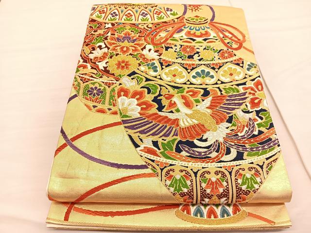 平和屋着物◎六通柄袋帯 唐織 鳳凰陶器花文 金銀糸 正絹 逸品 BAAV1909hv