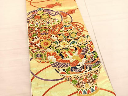 平和屋着物◎六通柄袋帯 唐織 鳳凰陶器花文 金銀糸 正絹 逸品 BAAV1909hv