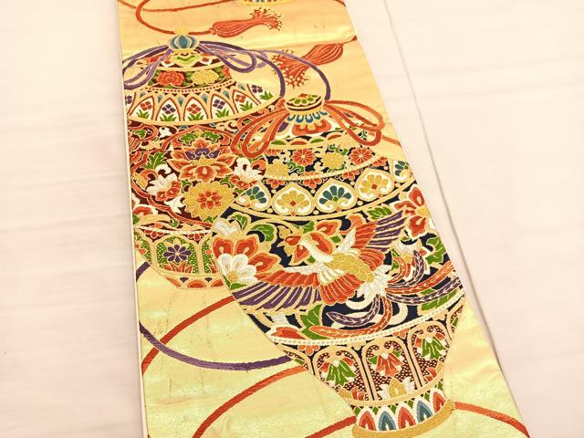平和屋着物◎六通柄袋帯 唐織 鳳凰陶器花文 金銀糸 正絹 逸品 BAAV1909hv