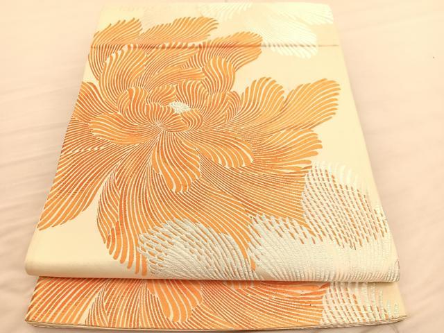 平和屋着物◎六通柄袋帯　唐織　牡丹　銀糸　正絹　逸品　BAAV1915hv