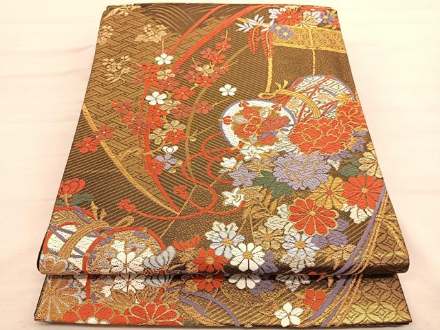 平和屋着物◎六通柄袋帯　唐織　几帳花鼓文　金銀糸　正絹　逸品　BAAV1924hv