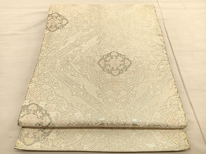 平和屋着物◎六通柄袋帯 菱天井花文 銀糸 正絹 逸品 BAAV1955hv