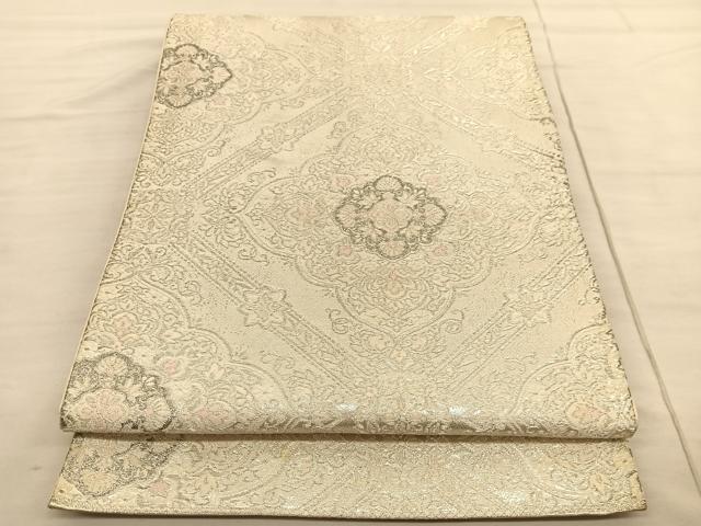平和屋着物◎六通柄袋帯 菱天井花文 銀糸 正絹 逸品 BAAV1955hv