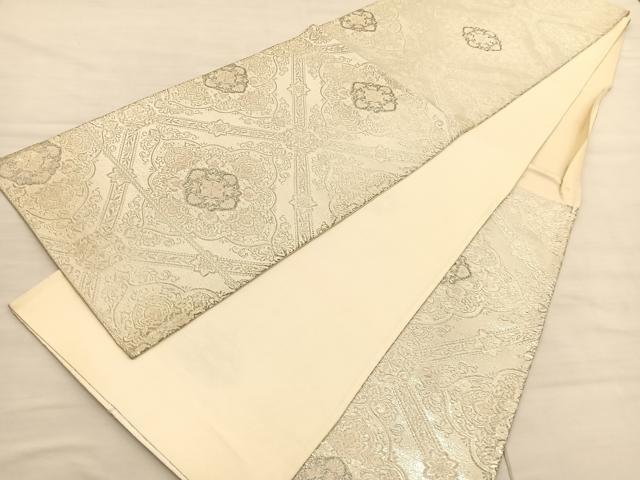 平和屋着物◎六通柄袋帯 菱天井花文 銀糸 正絹 逸品 BAAV1955hv