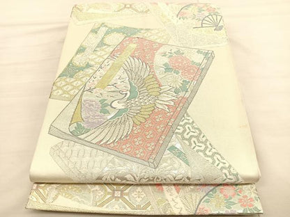 平和屋着物◎六通柄袋帯 唐織 鶴冊子花文 金銀糸 丸栄謹製 正絹 逸品 BAAV1966hv