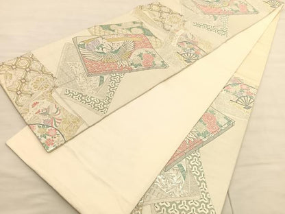 平和屋着物◎六通柄袋帯 唐織 鶴冊子花文 金銀糸 丸栄謹製 正絹 逸品 BAAV1966hv