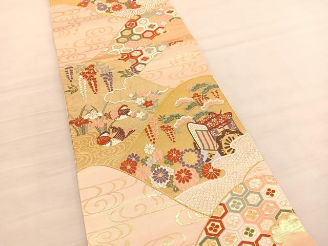 平和屋着物◎六通柄袋帯　唐織　綴れ光琳　重山御所車花鳥文　金糸　正絹　逸品　BAAV1967hv