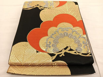 平和屋着物◎六通柄袋帯　松花文　黒地　金銀糸　正絹　逸品　BAAV1969hv