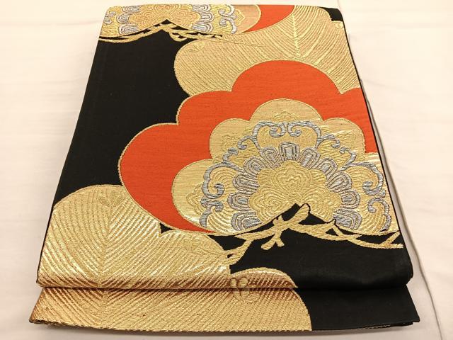 平和屋着物◎六通柄袋帯　松花文　黒地　金銀糸　正絹　逸品　BAAV1969hv