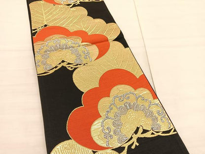 平和屋着物◎六通柄袋帯　松花文　黒地　金銀糸　正絹　逸品　BAAV1969hv