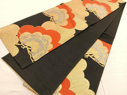 平和屋着物◎六通柄袋帯　松花文　黒地　金銀糸　正絹　逸品　BAAV1969hv