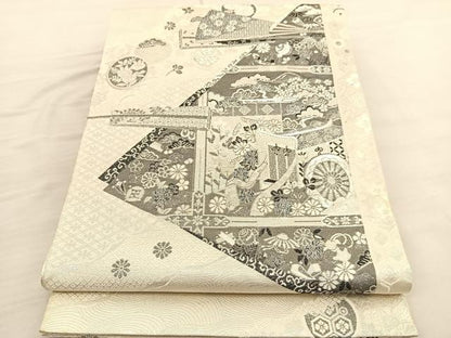 平和屋着物◎両面　六通柄袋帯　唐織　几帳御所車花文　銀糸　正絹　逸品　BAAV1975hv