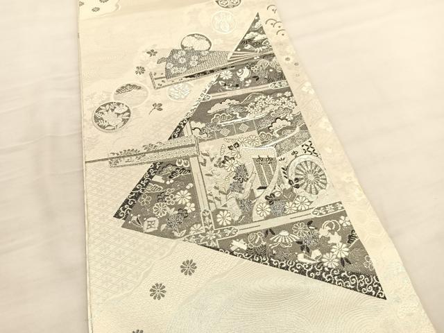 平和屋着物◎両面　六通柄袋帯　唐織　几帳御所車花文　銀糸　正絹　逸品　BAAV1975hv