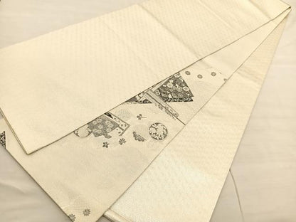 平和屋着物◎両面　六通柄袋帯　唐織　几帳御所車花文　銀糸　正絹　逸品　BAAV1975hv