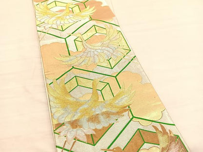 平和屋着物◎六通柄袋帯　唐織　飛鶴亀甲文　金糸　正絹　逸品　BAAV1988hv