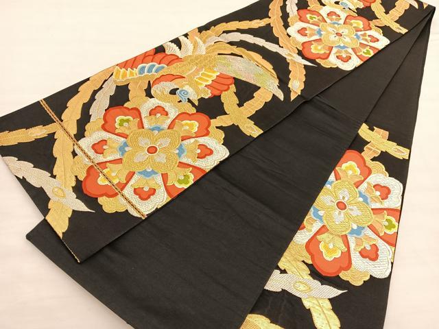 平和屋着物◎西陣 六通柄袋帯 唐織 鳳凰花文 黒地 金銀糸