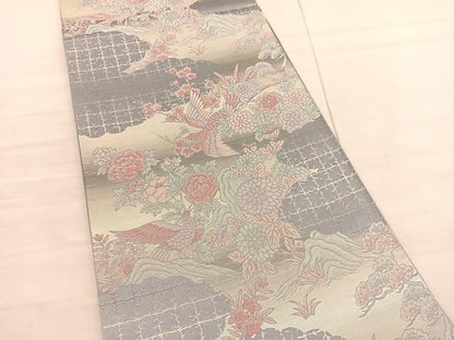 平和屋着物◎六通柄袋帯　唐織　鳳凰花文　銀糸　正絹　逸品　BAAV1994hv