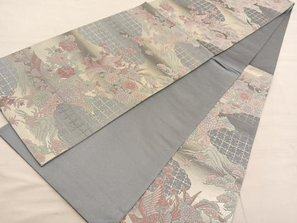 平和屋着物◎六通柄袋帯　唐織　鳳凰花文　銀糸　正絹　逸品　BAAV1994hv