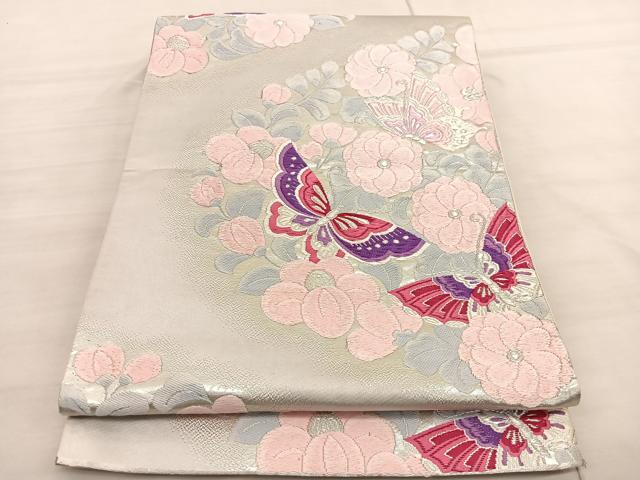 平和屋着物◎西陣　六通柄袋帯　唐織　花蝶文　銀糸　正絹　逸品　BAAV1996hv