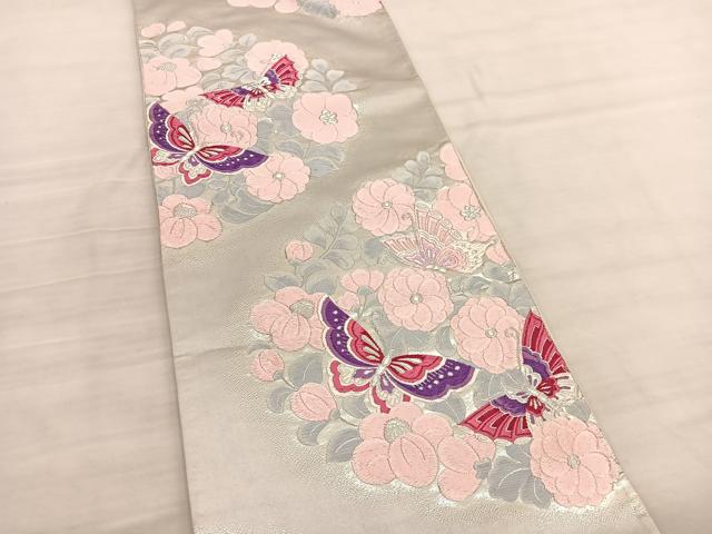 平和屋着物◎西陣　六通柄袋帯　唐織　花蝶文　銀糸　正絹　逸品　BAAV1996hv
