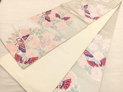 平和屋着物◎西陣　六通柄袋帯　唐織　花蝶文　銀糸　正絹　逸品　BAAV1996hv