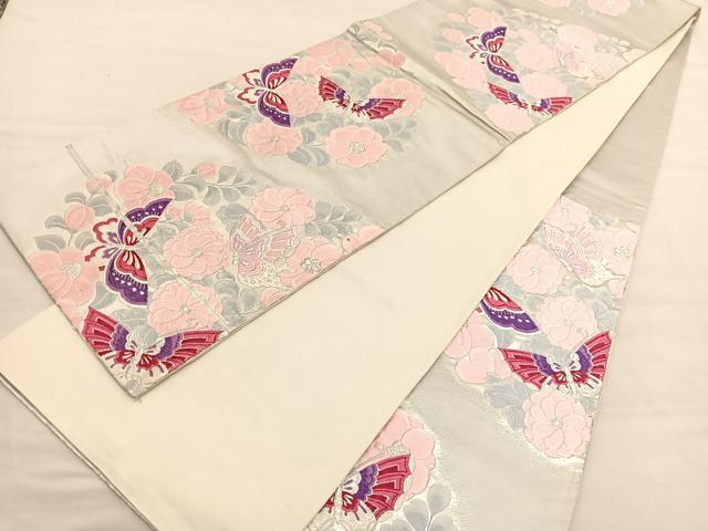 平和屋着物◎西陣　六通柄袋帯　唐織　花蝶文　銀糸　正絹　逸品　BAAV1996hv