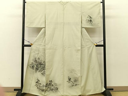 平和屋着物■訪問着　紬地　手描き　風景文　正絹　逸品　BAAV2434hj