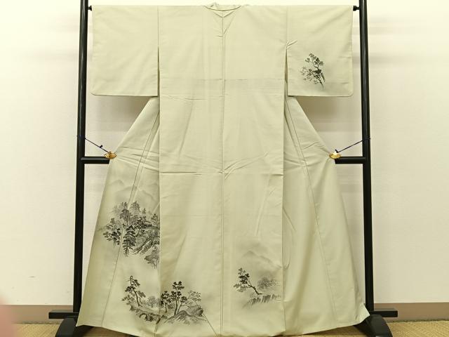 平和屋着物■訪問着　紬地　手描き　風景文　正絹　逸品　BAAV2434hj