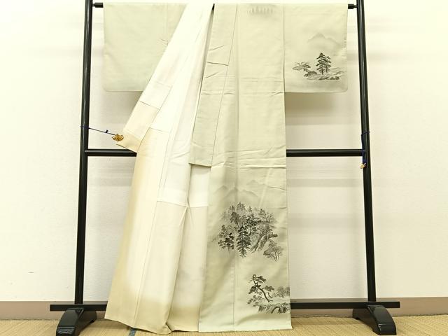平和屋着物■訪問着　紬地　手描き　風景文　正絹　逸品　BAAV2434hj